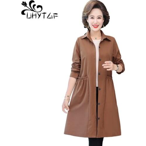 UHYTGF Casual Thin 5XL Plus Size Outerwear Windbreaker Womens Mid-Length Spring Autumn Trench Coat Elegant Female Clothes 1302