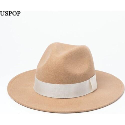 USPOP New women thick wool hats 100% wool fedoras Jazz hats female wide brim fedoras hat fashion white ribbon bow hats