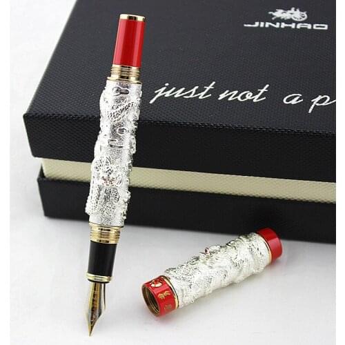 Jinhao Vintage Double Dragon Calligraphy Pen Luxury Fountain Pen Bent Nib Metal Carving Embossing Heavy Gift Pen Collection