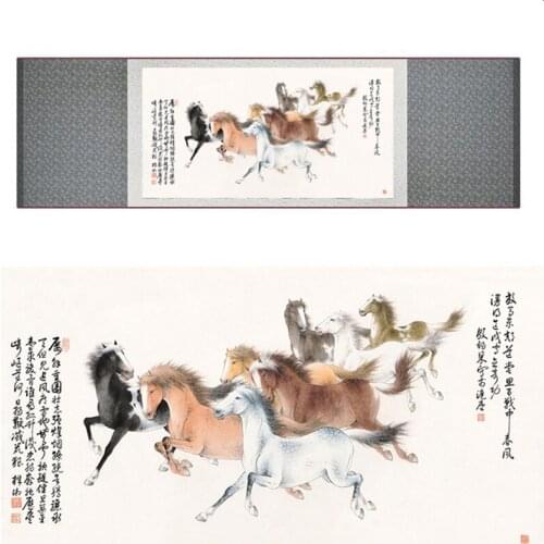 Top quality Chinese Horse silk painting Horse art painting Silk scroll art painting eight horse painting19062703