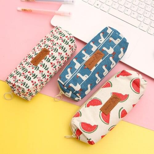 Japanese Cartoon Cotton Pencil Case Square Flowers Fruit Student Stationery School Supplies Back To School Girls Pencil Case