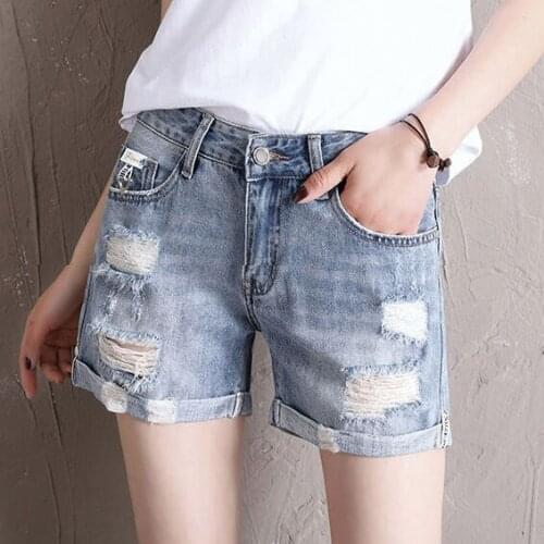 Broad-legged denim shorts womens summer 2021 new high-waisted loose show thin straight barrel hole-breaking pants thin tide