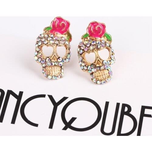 Women Fashion Accessories 1 Pair Personality Cute Pink Rose Rhinestone Skeleton Skull Ear Studs Earrings