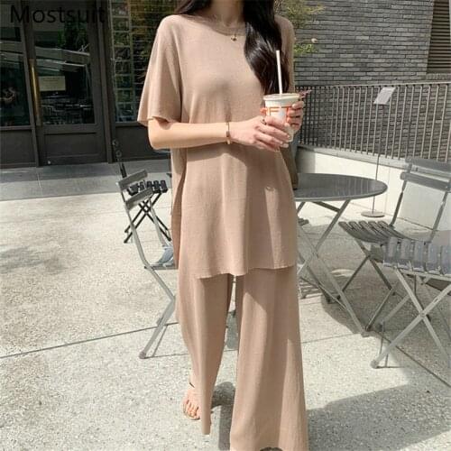 Korean Thin Knitted Two Piece Pants Set Women Short Sleeve Tops + Wide Leg Pants Matching Set Solid Loose Basic 2 Piece Set 2021