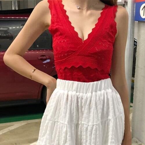 Summer Womens Deep V-neck Knitting Hollow-out Camis Tops Girl Knitted Chic Tank Crop Tops Sleeveless T shirts For Female