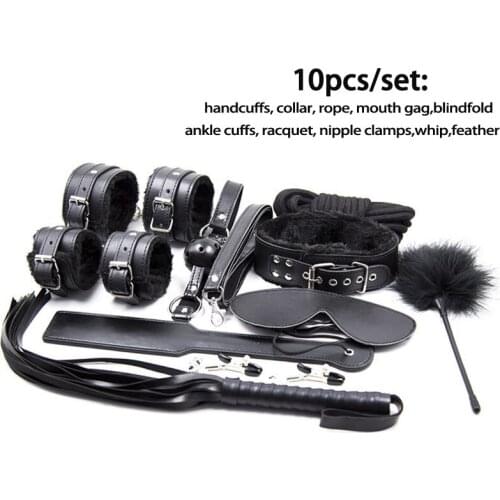 10pcs/Set Leather Bondage Handcuffs Mouth Gag Ball Blindfold Whip BDSM Collar Ankle Cuffs Slave Restraints Sex Toys For Couples