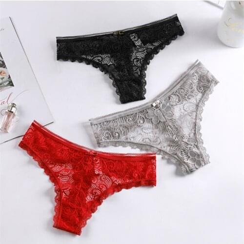 3Pcs Europe And The United States Sexy Lace Thong Ice Silk Sexy Hollow Tempation Hot See-through Low-waist T-pants Underwear