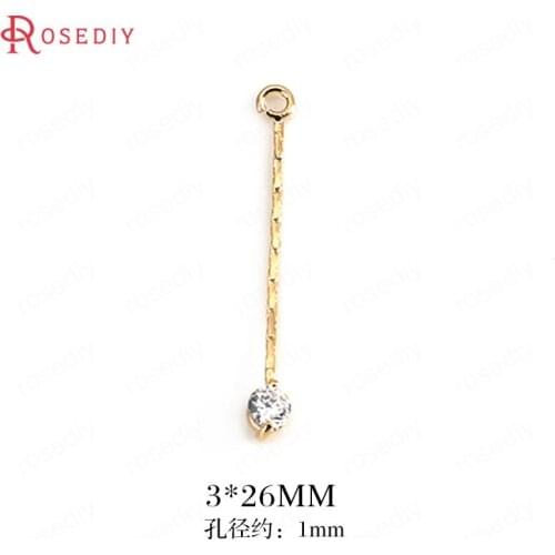 F232)6 pieces 3*26mm 24K Gold Color Brass and Zircon Round Tassel Charms High Quality Diy Jewelry Findings Accessories