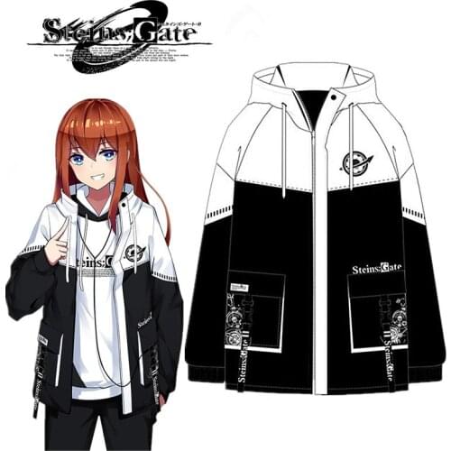 Anime Steins Gate Makise Kurisu Cosplay Hooded Unisex Patchwork Zipper Hoodies Coat Winter Warm Thicken Sweatshirt Jacket