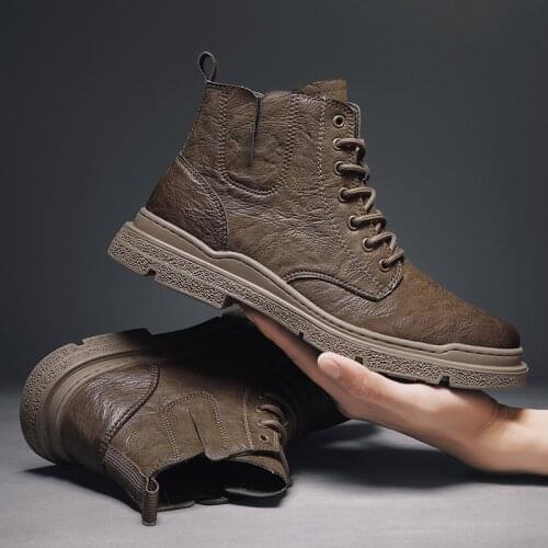 Yomior New Fashion Vintage Men Leather Shoes Casual British Handmade Tooling Ankle Boots Round Toe Lace-Up Military Desert Boots