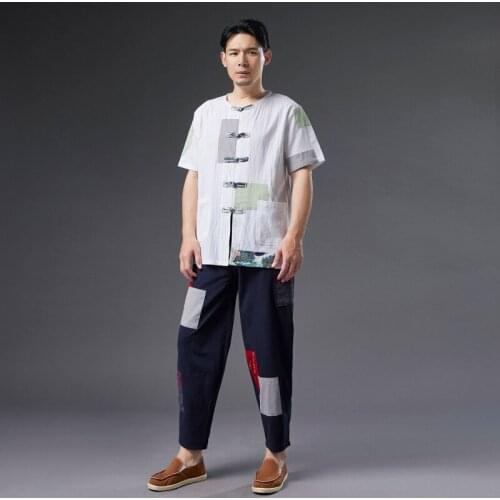 Color-Blocking Patch Pants Cotton Linen Chinese Style Casual Pants Mid-Waist Trousers Loose-Fitting Youth Fashion Mens Trousers