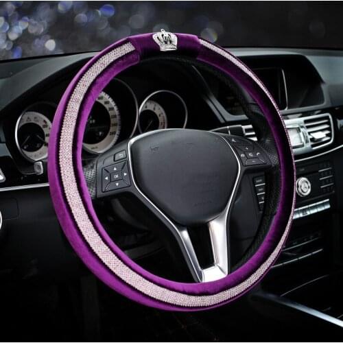 Winter Plush Fur Car Steering Wheel Cover Crown Crystal Rhinstone Steering-Wheel Case Universal Size Diamond Auto Accessories