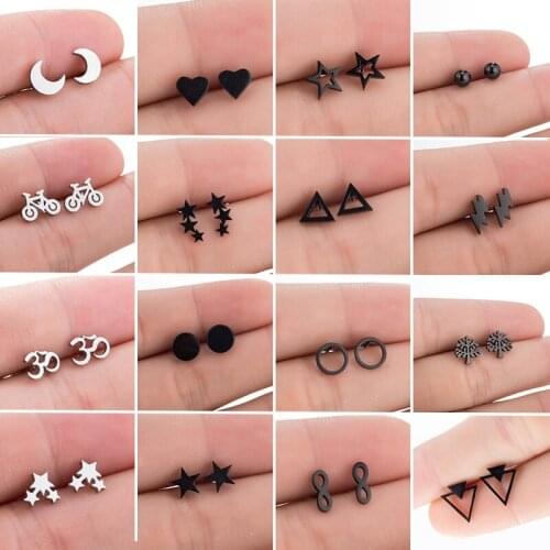 Punk Black Stainless Steel Stud Earrings Women Everyday Jewelry Cute Heart Star Moon Round Earrings Geometric Gift Friend