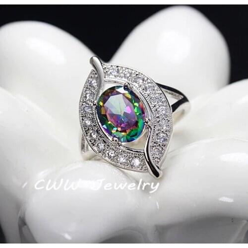 CWWZircons Special Design Women CZ Party Jewelry Fashion Oval Cut Big Rainbow Fire Mystical Crystal Rings For Ladies R068