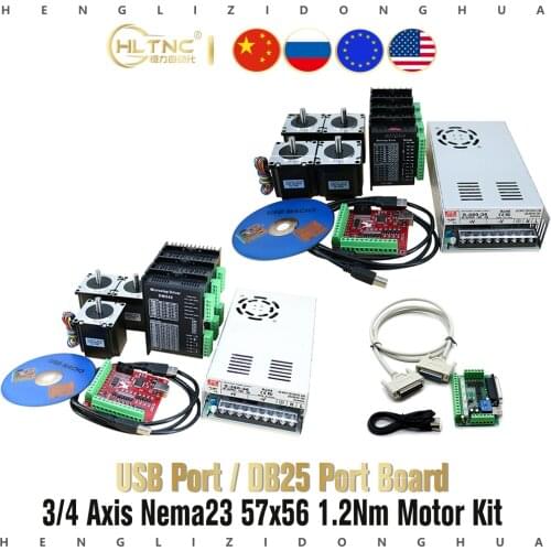 3 4 axis nema 23 kit 1.2N 56mm steper motor Diver TB6600+ Power Supply+ DB25/ FD Breakout Board and Parallel Cable for CNC Part