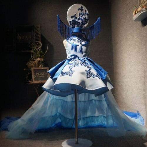 Real Picture Blue and white porcelain Girls Show Dresses Long Train Vintage Chinese China Girls T- Show Model Dresses