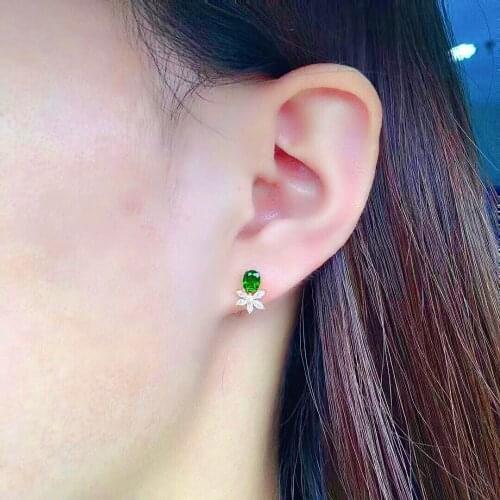 Cute Small Silver Gemstone Stud Earrings 4mm*5mm Natural Diopside Earrings Solid 925 Silver Diopside Jewelry Gift for Girl