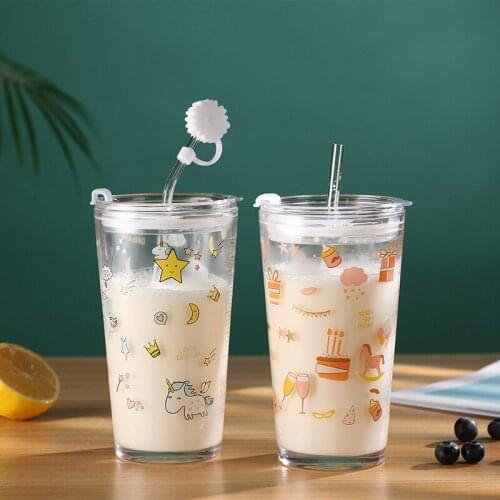 450Ml Breakfast Glass Milk Glass With Scale, Cover And Straw Cup Creative Water Cup Set