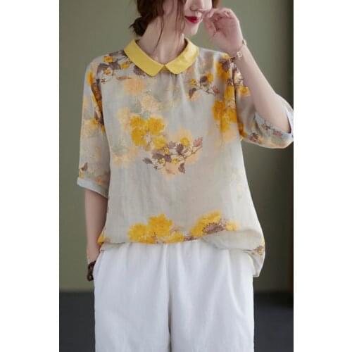 2021 chinese traditional top daily casual blouse cotton and linen oriental breathable fabric stand-up collar printing hanfu top