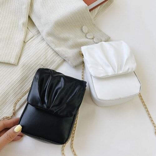 Women Fashion Pleated PU Leather Solid Color Messenger Bags Casual Ladies Mini Chain Shoulder Bags Crossbody Mobile Phone Bags