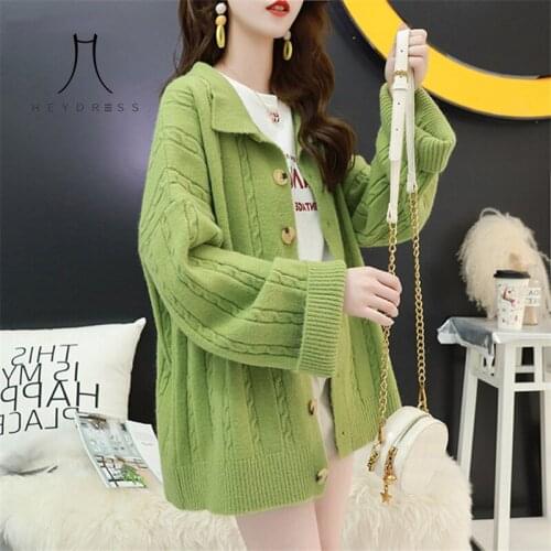Heydress Women Sweater Coat Autumn Winter Cute Full Sleeve Cardigan Vintage Single Breasted Loose Knitted Outwear