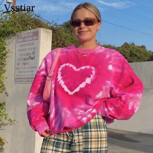 Vsstiar Tie Dye Love Print Women Sweatshirt Fashion Long Sleeve Autumn Tops Casual Loose Street Winter Y2K O Neck Pullover Women