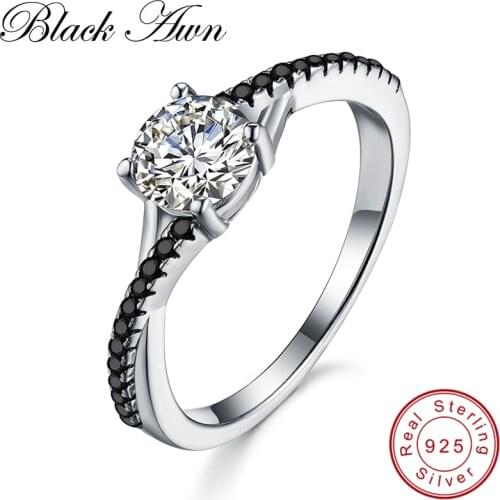 [BLACK AWN] 925 Sterling Silver Jewelry Trendy Row Black Stone Wedding Rings for Women Engagement Ring Femme Bijoux Bague C342