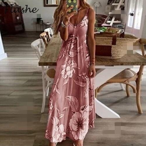 Womens Casual Sexy Sleeveless V-neck Floral Maxi Dresses Tank Long Dress Plus Size Self Cultivation Bohemian Womens Dress