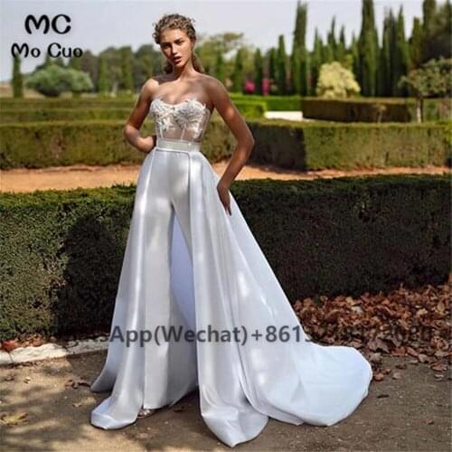 White 2021 Jumpsuit Evening Dresses Long with Appliques Train Sweetheart Womens Evening Dress Hard Satin Prom Gown