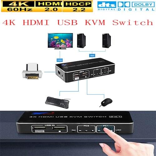 2 Port HDMI USB KVM 4K Switcher Splitter 4K @ 60Hz RGB/YUV 4:4:4 HDR HDMI 2.0 Switcher 2X1for Sharing Printer Keyboard Mouse