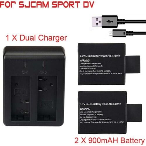 2 x900mAh Sport DV Battery for SJCAM SJ4000 SJ5000 SJ6000 SJ7000 Wifi Battery+Dual Charger+USB Cable Camera Accessories