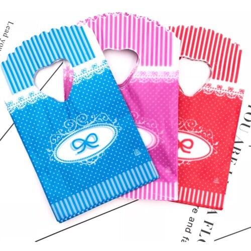 3colors 9x15cm Plastic Gift Bags With Heart Handle Small Shopping Packaging Bags Striped Bow Print Charm Gift Bags With Handles