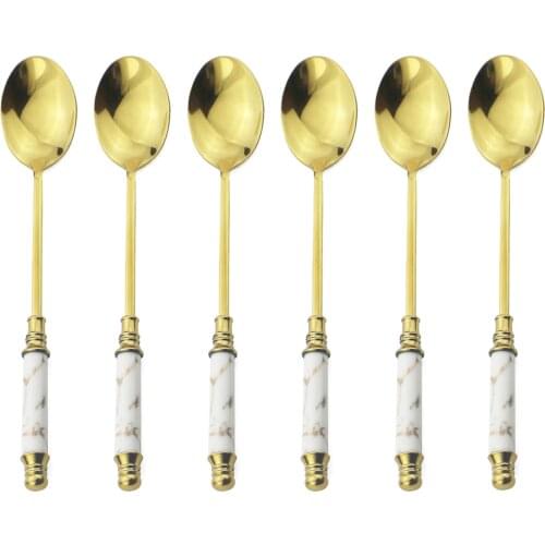 6Pcs Ceramic Handle Cutlery Colorful Fork Spoon Set Fruit Fork Coffee Tea Spoon Stainless Steel Gold Tableware luxury Cake Forks