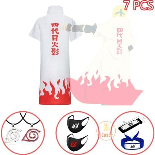 7 PCS Anime Minato Namikaze Cloak Fourth Yondaime Hokage Cosplay Costume Konoha Necklace Headband Party Family Dress White Cape