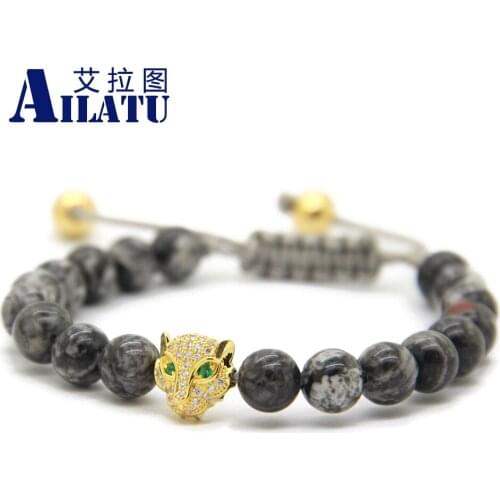 Ailatu Fashion Jewelry 8mm Grey Veined Picture Stone Bead Micro Inserts Zircon Leopard Macrame Bracelets