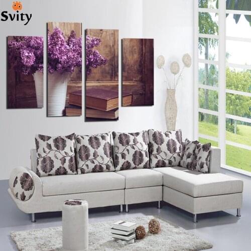Unframed 4Panel Wall Art Modern Purple tulip Painting print On Canvas Modular Picture decoration for living room F18832