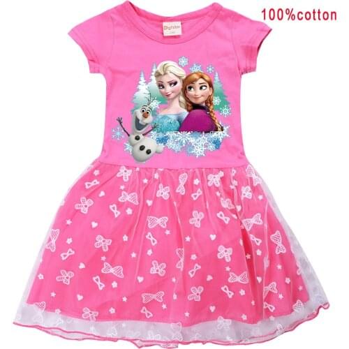 Disney Summer Girl Dresses Cartoon Frozen Anna Elsa Print Cotton Fashion Star Moon Baby Girl Clothes Teenage Princess Christmas