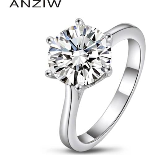 Anziw Classic 1/2/3/4 Carat Solitaire Engagement Rings 6 Claws Round Cut Ring for Women 925 Sterling Silver Wedding Rings