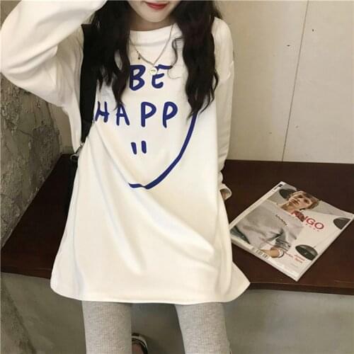 Korean Clothes Kawaii Smiling Couple Long-Sleeved T-Shirt For Girls Harajuku Punk Clothing Gothic Women Solid Color Top Autumn