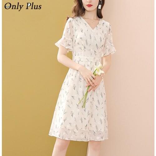 Only Plus 2021 Sweet Chiffon Dress Women Ruffle Short Sleeve Printed Floral Dresses Vacation V-Neck Slim A-Line Party Dresses