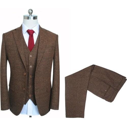 Mens Suits 3 Pieces Notch Lapel Herringbone Casual Wedding Prom Brown Slim Fit high quality Tuxedos Jacket Blazer & Pants & Vest