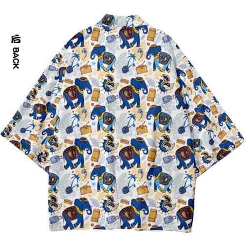 Elephant Printed Couple Japanese Style Kimono Sets Kimono Pants Male Japan Harajuku Yukata Cardigan Costume