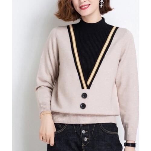 New Fake Two-piece Womens Sweater Autumn Winter Half High Collar Long Sleeve Pullovers Top Femme Knitted Loose Sweater Mujer