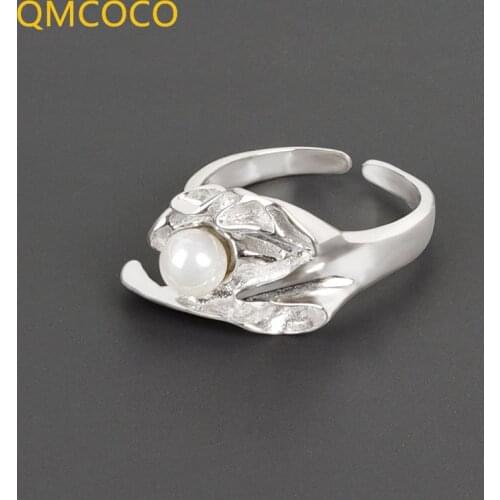 QMCOCO 925 Silver Trendy Tin Foil Concave-Convex Irregular Textured Pearl Ring For Woman Korean Simple Design Adjustable Ring