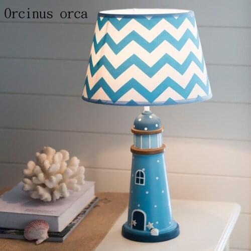 Mediterranean Blue lighthouse table lamp childrens room boy bedroom bedside lamp creative warm LED decorative table lamp