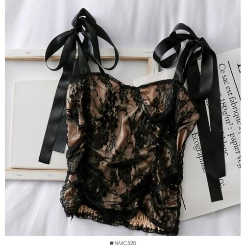 HELIAR Black Lace Mesh Corp Tops Sexy Winter Vintage Sleeveless Bodycon Camis Top Patchwork V-neck With Lace Floral Camis