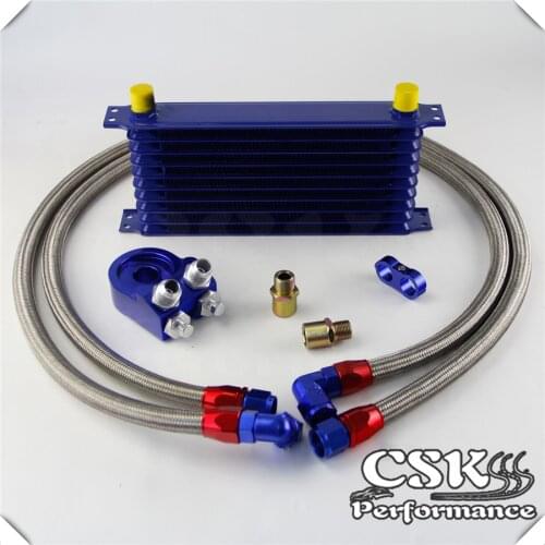 Universal 10 Row 262mm AN10 Engine Transmission Oil Cooler Trust Type + Aluminum Filter Adapter Kit Blue