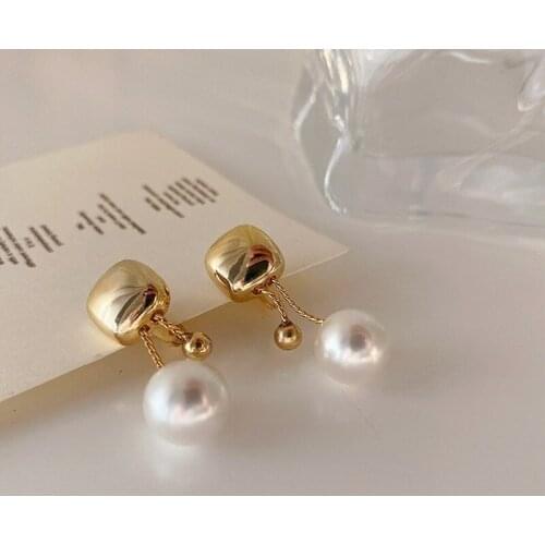 VSnow Temperament Geometrical Gold Square Metallic Dangle Earring for Women Simulation Pearl Tassel Earring Jewelry Pendientes