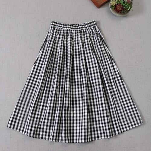 Japan Style Cotton linen Black White Plaid Skirt Elastic Waist Mid-Length A-line Skirt Summer