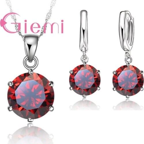 Woman 925 Sterling Silver 8MM Jewelry Sets Cubic Zircon Crystal Lever Back Earrings Pendant Necklace Nice Gifts 8MM Stone